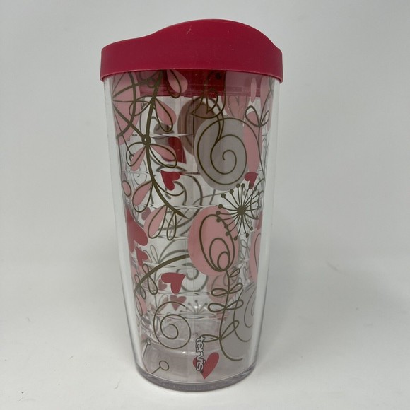 New TERVIS Swirlwind Clear Hearts Pink Swirls & Pink Lid 16 oz Insulated Tumbler - Picture 1 of 4